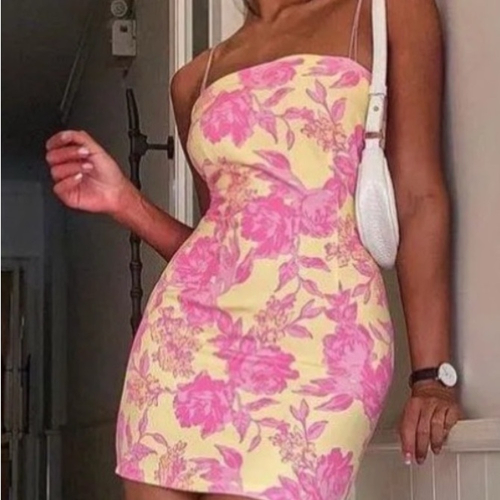 WhiteFoxBoutique/Sunset Skies Mini Dress-S Floral Pink and Yellow Dress